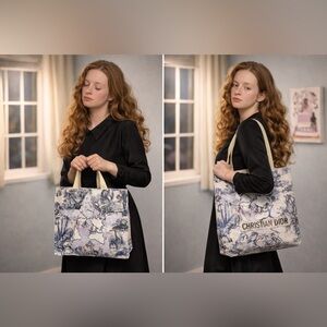 Authentic Dior Beauty Around the World Paper Straw Tote Large 16.5” Blue